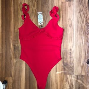 ruffled red body suit